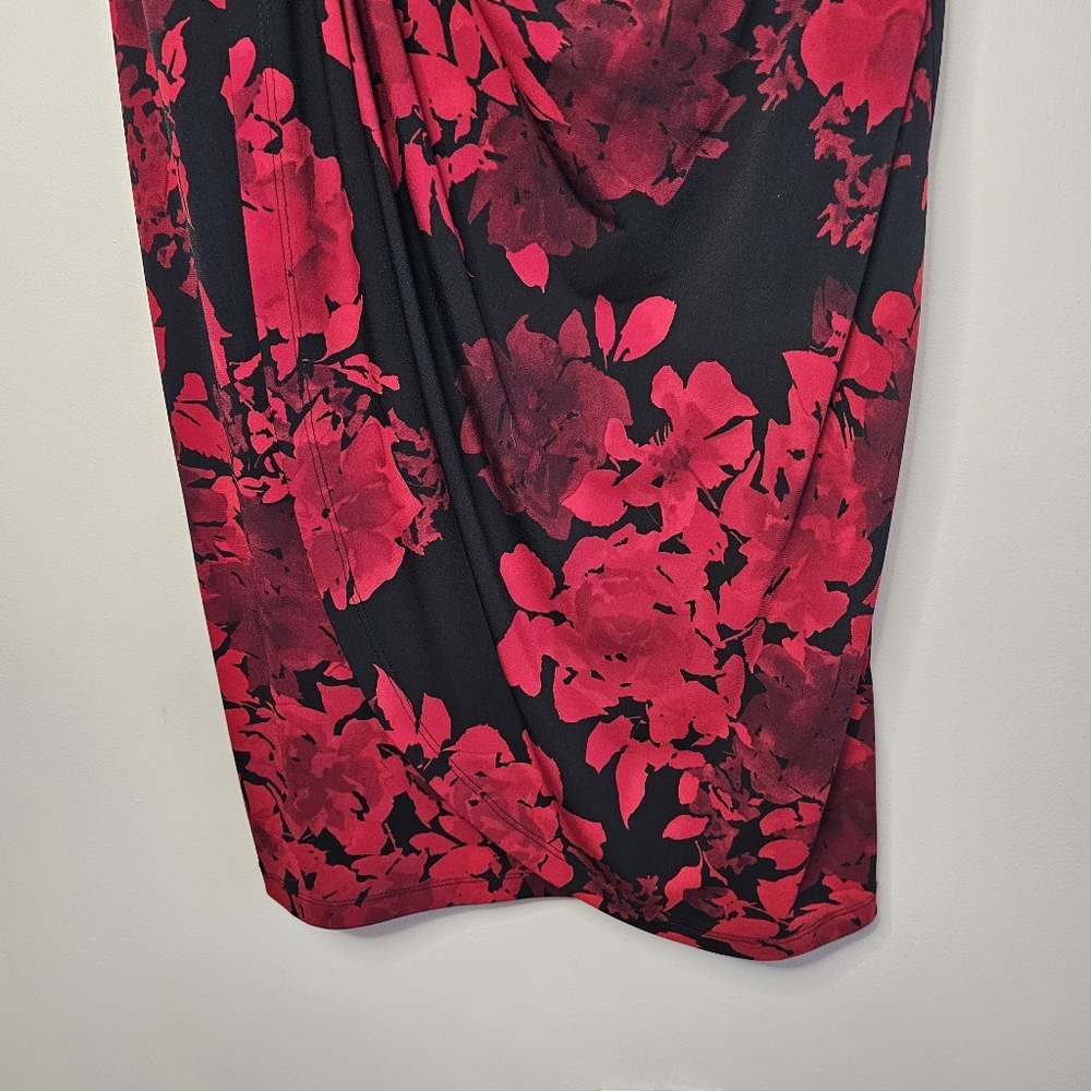 Connected Apparel Red Floral Faux Wrap Midi Dress Size 12 - Picture 5 of 11